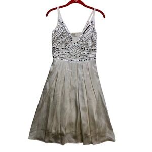 Guess Sequin Beaded Silk Dress Womens 3 Cream Art Deco‎ V-Neck YP2160 Y2K